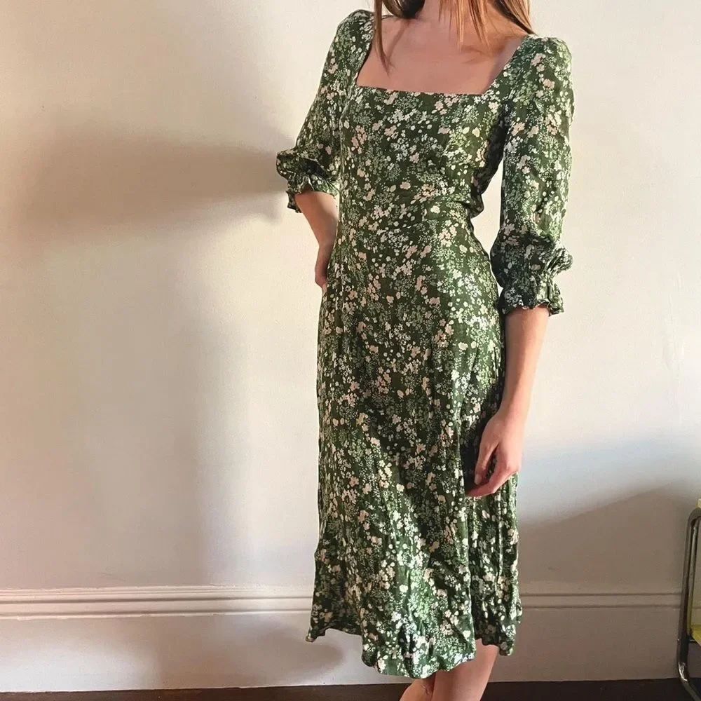 RARE REFORMATION Enid Floral Dress in ‘Autumnal’ Green